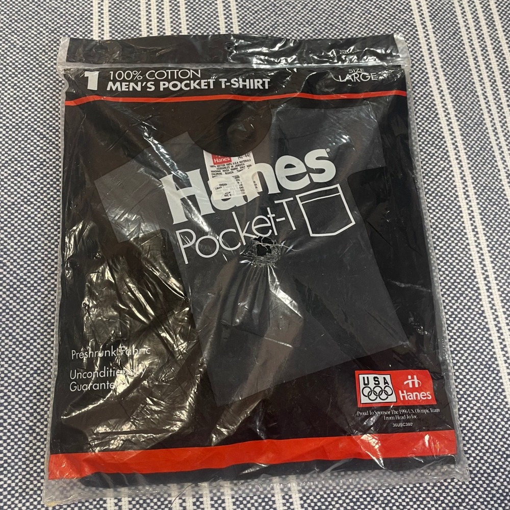 Vintage 90s Hanes Pocket T-Shirt Black Large New In Pack 1994 USA Materials 2175